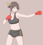  black_eyes boxing_gloves boxing_shorts brown_background brown_hair grin groin hiei_(kantai_collection) highres intirami kantai_collection legs navel outstretched_arm short_hair shorts smile sports_bra sweat 