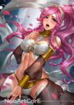  1girl artist_name blush braid breasts cleavage fire_emblem fire_emblem:_kakusei nudtawut_thongmai olivia_(fire_emblem) open_mouth pink_hair solo spread_legs sweat tongue tongue_out violet_eyes 