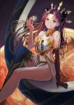  1girl bare_shoulders black_hair breasts crown elbow_gloves fate/grand_order fate_(series) gloves glowing glowing_eyes groin highres ishtar_(fate/grand_order) long_hair looking_at_viewer navel red_eyes single_elbow_glove single_thighhigh small_breasts smile solo teitei_ch thigh-highs thighs tohsaka_rin twintails 