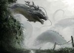  claws dragon eastern_dragon fog giant highres horns nature no_humans open_mouth original outdoors overgrown plant red_eyes scales snout solo spikes tail teru_sakura 