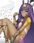  1girl belt chocolate dark_skin earrings eating egyptian_clothes fate/grand_order fate_(series) jackal_ears jewelry looking_at_viewer medjed nitocris_(fate/grand_order) p!nta purple_hair staff violet_eyes 