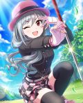  1girl alternate_hairstyle artist_request bangs belt black_legwear blue_sky blush card_(medium) checkered checkered_skirt curly_hair eyelashes fingerless_gloves gloves golf_club grey_hair hair_down hat idolmaster idolmaster_cinderella_girls kanzaki_ranko long_hair looking_at_viewer official_art one_eye_closed open_mouth outdoors pose skirt sky smile solo sunlight thigh-highs tree wind zettai_ryouiki 