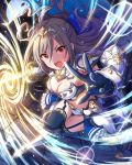  1girl alternate_costume alternate_hairstyle armor artist_request bangs boots breasts cape card_(medium) cleavage curly_hair eyelashes fighting frills garter_straps gloves grey_hair holding idolmaster idolmaster_cinderella_girls kanzaki_ranko long_hair looking_at_viewer official_art open_mouth sword thigh-highs weapon 