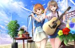  2girls acoustic_guitar ahoge apple banana basket blue_eyes bow clouds collarbone flower food fruit guitar hair_bow highres instrument lemon lemon_slice light_brown_hair love_live! love_live!_sunshine!! microphone microphone_stand multiple_girls one_leg_raised open_clothes open_mouth orange_hair orein outdoors red_eyes salute shirt short_hair skirt sky smile striped striped_shirt t-shirt takami_chika vest watanabe_you watermelon windmill yellow_bow 