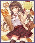  1girl :d ahoge anpan argyle argyle_background bag baguette bangs belt black_legwear blouse blush bread breasts brown_eyes brown_hair brown_ribbon cardigan collar cowboy_shot croissant crown eyebrows_visible_through_hair floating_hair food frilled_collar frills hair_ribbon hand_up highres holding holding_bag holding_food long_hair looking_at_viewer low_twintails medium_breasts melon_bread open_cardigan open_clothes open_mouth original plaid plaid_skirt pleated_skirt pretzel purple_border red_skirt ribbon satchel skirt sleeves_past_wrists smile solo teeth thigh-highs thighs twintails waving white_blouse yumesaki zettai_ryouiki 