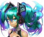  1girl alternate_hairstyle bangs bare_shoulders breasts character_name closed_mouth collarbone eyebrows_visible_through_hair green_eyes green_hair hair_between_eyes hair_ornament hatsune_miku headgear headphones highres looking_at_viewer simple_background sleeveless small_breasts smile solo sumino_akasuke turtleneck upper_body vocaloid white_background 