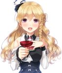  1girl :d alcohol ascot bare_shoulders black_corset blonde_hair blush braid breasts corset cup drinking_glass french_braid hat highres holding holding_cup imachireki kantai_collection large_breasts long_hair long_sleeves mini_hat open_mouth pink_eyes remodel_(kantai_collection) shirt simple_background smile solo wavy_hair white_background white_shirt wine wine_glass zara_(kantai_collection) 