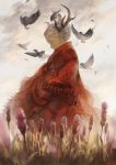 1girl antlers backlighting bird braid clouds commentary dark_skin fantasy flower french_braid looking_down muted_color original pointy_ears profile robe short_hair silver_hair sky solo sunlight twitter_username yso_ac 