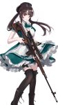  1girl apron aqua_dress bangs beret black_boots black_hair black_legwear blunt_bangs boots breasts brown_eyes closed_mouth collared_shirt combat_boots dragunov_svd dress frilled_legwear gun hat highres holding holding_gun holding_weapon knee_boots light_smile long_hair looking_at_viewer medium_breasts over-kneehighs real_life rifle shirt sidelocks simple_background sinsihukunokonaka smile sniper_rifle sniper_scope solo standing thigh-highs trigger_discipline twintails uesaka_sumire weapon white_background white_shirt 