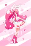  1girl animal_ears character_name cure_whip extra_ears food_themed_hair_ornament full_body gloves hair_ornament heart kaineri kirakira_precure_a_la_mode looking_at_viewer magical_girl pink_background pink_eyes pink_hair precure rabbit_ears skirt skirt_lift solo standing star twintails usami_ichika white_gloves 