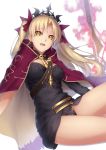  1girl absurdres black_panties blonde_hair cape earrings enosan ereshkigal_(fate/grand_order) fate/grand_order fate_(series) hair_ribbon highres jewelry long_hair looking_at_viewer open_mouth panties red_cape red_ribbon ribbon skull solo tiara tohsaka_rin twintails underwear weapon yellow_eyes 