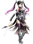  1girl armor armored_boots bare_shoulders black_hair black_legwear boots breasts detached_sleeves floating_hair full_body gauntlets hair_ornament hand_on_hip high_heels highres holding holding_sword holding_weapon katana long_hair medium_breasts multicolored_hair pink_hair sheath simple_background solo standing sword thigh-highs two-tone_hair unsheathed violet_eyes weapon white_background 