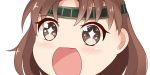  +_+ 1girl brown_eyes brown_hair chiyoda_(kantai_collection) close-up headband kantai_collection looking_at_viewer no_nose open_mouth short_hair simple_background sin-poi solo sparkling_eyes symbol-shaped_pupils white_background 
