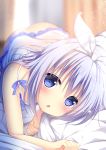  1girl :o all_fours ass bangs bare_shoulders bed_sheet blue_eyes blue_hair blue_ribbon blush bottomless camisole chestnut_mouth clenched_hands curtains eyebrows_visible_through_hair frills full_body gochuumon_wa_usagi_desu_ka? hairband indoors kafuu_chino lace lace-trimmed_camisole lace_trim lingerie long_hair looking_at_viewer niki_(aroma_terrace) no_panties on_bed open_mouth ribbon sidelocks sleeveless solo sparkle underwear underwear_only white_hairband 
