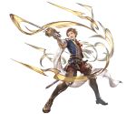  1boy alpha_transparency armor armored_boots attack boots brown_hair cape cravat full_body gloves granblue_fantasy male_focus minaba_hideo official_art open_mouth paris_(granblue_fantasy) short_hair sideburns solo sword transparent_background weapon white_gloves 