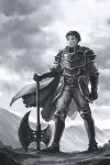  1boy armor axe finval fire_emblem fire_emblem:_rekka_no_ken full_body gauntlets greaves greyscale hector_(fire_emblem) highres holding holding_weapon looking_at_viewer monochrome outdoors pauldrons smile weapon 