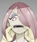  1boy 1girl fankupl finger_to_mouth hair_over_one_eye little_witch_academia long_hair open_mouth pink_hair red_eyes solo_focus sucy_manbavaran teeth 
