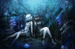  2girls abyssal_twin_hime_(black) abyssal_twin_hime_(white) barefoot black_hair blue_eyes dress elbow_gloves gloves glowing glowing_eyes highres kajaneko kantai_collection looking_at_viewer multiple_girls oxygen_mask red_eyes shinkaisei-kan short_hair thigh-highs underwater white_hair 