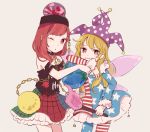  2girls american_flag_dress american_flag_legwear arm_rest bangs bare_shoulders black_shirt blonde_hair chains clothes_writing clownpiece collar cowboy_shot crescent dress earth_(ornament) fairy_wings fire frills hat hecatia_lapislazuli jester_cap long_hair looking_at_viewer miniskirt moon_(ornament) mozukuzu_(manukedori) multicolored multicolored_clothes multicolored_skirt multiple_girls off-shoulder_shirt one_eye_closed pantyhose petticoat polka_dot polos_crown red_eyes redhead shirt short_dress short_hair simple_background sketch skirt star star_print striped t-shirt torch touhou wings 