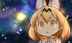  1girl :&lt; animal_ears blonde_hair cat_ears commentary_request kemono_friends looking_at_viewer meme night night_sky parody polka_dot rioshi serval_(kemono_friends) serval_ears serval_print short_hair sky solo star_(sky) starry_sky yellow_eyes 