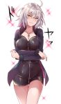  1girl ahoge blush breasts cleavage collarbone crossed_arms dress eyebrows_visible_through_hair fate/grand_order fate_(series) fur fur_trim grey_hair harugano jacket jeanne_alter jewelry medium_breasts messy_hair necklace ruler_(fate/apocrypha) shiny short_dress short_hair simple_background skin_tight smile solo thigh_gap thighs white_background yellow_eyes zipper 