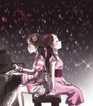  2girls aida_rikako bangs blush brown_hair closed_eyes commentary_request crying diffraction_spikes dress flower glowstick hair_flower hair_ornament hair_ribbon hairclip half_updo instrument jewelry long_hair love_live! love_live!_sunshine!! multiple_girls music necklace obi pearl_necklace piano piano_bench pink_dress pink_ribbon playing_instrument playing_piano redhead ribbon sakurauchi_riko sash scrunchie seiyuu seiyuu_connection single_sleeve sitting smile striped tears wrist_scrunchie yeondoo_(wnrhl7) 