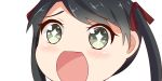  +_+ 1girl bangs black_hair close-up eyebrows_visible_through_hair green_eyes kantai_collection long_hair looking_at_viewer mikuma_(kantai_collection) no_nose open_mouth simple_background sin-poi solo sparkling_eyes swept_bangs symbol-shaped_pupils twintails white_background 
