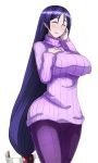  1girl ^_^ ^o^ blush breasts choi_kada closed_eyes cowboy_shot denim fate/grand_order fate_(series) huge_breasts jeans long_hair looking_at_viewer minamoto_no_raikou_(fate/grand_order) open_mouth pale_skin pants purple_hair ribbed_sweater simple_background smile solo standing sweater turtleneck turtleneck_sweater very_long_hair white_background 