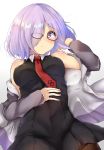  1girl bare_shoulders between_breasts black_dress blush breasts brown_legwear collared_shirt dress eyebrows_visible_through_hair fate/grand_order fate_(series) glasses grey_background hair_over_one_eye hand_on_own_stomach hand_up highres hood hoodie looking_at_viewer lying medium_breasts necktie necktie_between_breasts on_back open_clothes open_hoodie pantyhose parted_lips purple-framed_eyewear purple_hair semi-rimless_glasses shielder_(fate/grand_order) shirt short_dress simple_background solo under-rim_glasses upper_body ura1011 violet_eyes wing_collar 