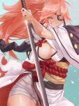  1girl amputee baiken breasts cleavage cowboy_shot eyepatch glint guilty_gear holding holding_sword holding_weapon japanese_clothes katana kimono large_breasts long_hair looking_at_viewer obi one-eyed pink_eyes pink_hair ponytail samurai sash scar scar_across_eye solo sword tasselcat weapon wide_sleeves 