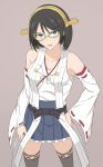  1girl bare_shoulders black_hair blue_eyes breasts brown_background cleavage detached_sleeves hand_on_hip headgear intirami kantai_collection kirishima_(kantai_collection) medium_breasts nontraditional_miko sarashi short_hair skirt solo thighs wide_sleeves 