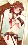  1girl blush braid breasts brown_eyes brown_hair commentary_request embarrassed eyebrows_visible_through_hair from_below garter_straps hair_ornament hair_over_shoulder hairband indoors kibamigohann large_breasts looking_at_viewer looking_down navel original solo standing 