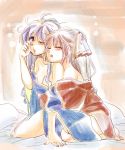  1girl 2girls alternate_costume bangs bed behind_another blue_hair blush bow breasts cleavage closed_eyes couple fingernails fujiwara_no_mokou hair_bow highres hug hug_from_behind kamishirasawa_keine komaku_juushoku lavender_hair long_hair long_sleeves multicolored_hair multiple_girls off_shoulder one_eye_closed open_mouth pillow pink_background robe sidelocks small_breasts solo tearing_up tears thighs toes touhou two-tone_hair very_long_hair waking_up white_hair wide_sleeves wiping_tears yuri 