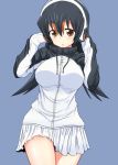  1girl :o bangs black_hair blue_background blush breasts brown_eyes brown_hair cowboy_shot eyebrows_visible_through_hair gentoo_penguin_(kemono_friends) hair_between_eyes hands_in_sleeves hands_up headphones highlights kemono_friends large_breasts long_hair looking_at_viewer multicolored_hair parted_lips simple_background skirt solo sweater take_(shokumu-taiman) thighs turtleneck turtleneck_sweater white_skirt 