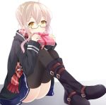  1girl :o black_boots black_legwear blonde_hair blue_skirt blush boots braid checkered_scarf coat eyebrows_visible_through_hair fate/grand_order fate_(series) french_braid fringe gift hair_between_eyes hair_bun heroine_x heroine_x_(alter) holding holding_gift knee_boots knees_up legs_crossed looking_at_viewer maccha open_clothes open_coat parted_lips pleated_skirt red_scarf saber scarf school_uniform short_hair_with_long_locks simple_background sitting skirt sleeves_past_wrists solo thigh-highs thighs valentine white_background yellow_eyes zettai_ryouiki 