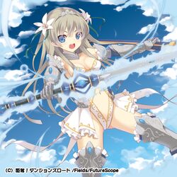  1girl bangs boots clouds cloudy_sky cutout dasoku_sentarou detached_collar dual_wielding elbow_gloves fantasy flower flying gauntlets gloves greaves hair_flower hair_ornament holding leotard long_hair looking_at_viewer navel open_mouth original overskirt sky solo staff strapless strapless_leotard thigh-highs thigh_boots white_leotard 