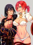 1boy 1girl :d aqua_eyes black_hair boudica_(fate/grand_order) breasts cleavage fate/grand_order fate_(series) gauntlets green_eyes grey_background hizuki_mai long_hair midriff navel open_mouth ponytail redhead revealing_clothes simple_background smile tattoo yan_qing_(fate/grand_order) 