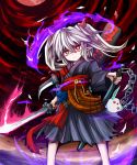  1girl absurdres chains demon_girl duel_monster ghost_ogre_&amp;_snow_rabbit highres horns japanese_clothes katana kimono obi pointy_ears red_eyes sash silver_hair solo spirit-edge sword twintails weapon white_hair yu-gi-oh! 