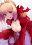  &gt;:d 1girl :d ahoge bangs blonde_hair blush breasts cleavage cleavage_reach dress epaulettes fate/extra fate_(series) green_eyes hair_intakes juliet_sleeves large_breasts long_sleeves looking_at_viewer open_mouth puffy_sleeves red_dress saber_extra short_hair smile solo wide_sleeves yude 