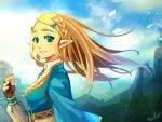  1girl bangs blonde_hair blue_eyes braid breasts colornix fingerless_gloves forehead french_braid from_side gloves hair_ornament hairclip looking_at_viewer parted_bangs pointy_ears princess_zelda sidelocks small_breasts smile solo the_legend_of_zelda the_legend_of_zelda:_breath_of_the_wild thick_eyebrows wind wind_lift 