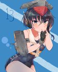  1girl asymmetrical_hair black_hair blue_background brown_eyes gloves hair_between_eyes headphones i-13_(kantai_collection) itomugi-kun kantai_collection leaning_forward looking_at_viewer machinery partly_fingerless_gloves sailor_collar school_swimsuit short_hair single_glove swimsuit 