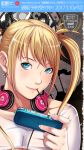  1girl blonde_hair blue_eyes blush cellphone earrings food headphones highres holding jewelry looking_at_viewer mole mole_under_eye mouth_hold original phone pocky sei_shoujo solo twintails 