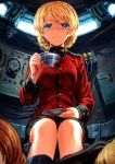  1girl bangs black_boots black_skirt boots cockpit commentary cup darjeeling girls_und_panzer holding jacket lain light_smile long_sleeves looking_at_viewer military military_uniform miniskirt parted_lips pleated_skirt red_jacket saucer short_hair sitting skirt tank_interior teacup uniform 