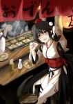  1girl bangs beckoning bird_wings black_hair black_wings blush choko_(cup) chopsticks collarbone cup daikon detached_sleeves drunk fish_cake food food_stand gourd hardboiled_egg hat highres japanese_clothes kagami_toufu konnyaku_(food) kourindou_tengu_costume lampion long_sleeves looking_at_viewer night obi oden parted_lips pelvic_curtain pointy_ears pom_pom_(clothes) red_eyes ribbon-trimmed_legwear ribbon-trimmed_sleeves ribbon_trim sash shameimaru_aya short_hair sitting solo_focus thigh-highs tokin_hat tokkuri touhou white_legwear wide_sleeves wings 