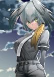  1girl arms_behind_back belt breasts clouds collared_shirt eyebrows_visible_through_hair feathered_wings grey_hair grey_shirt grey_shorts hair_between_eyes head_wings kemono_friends looking_at_viewer medium_breasts necktie shirt shoebill_(kemono_friends) short_hair shorts sky solo standing white_necktie wings yellow_eyes yukino_(yukinosora1126) 