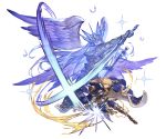  1boy alpha_transparency armor attack attacking_viewer blonde_hair blue_cape blue_eyes boots cape diffraction_spikes full_body gauntlets granblue_fantasy holding holding_sword holding_weapon looking_at_viewer male_focus minaba_hideo official_art open_mouth romeo_(granblue_fantasy) short_hair solo sword transparent_background weapon 