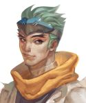  1boy black_eyes forehead_protector forked_eyebrows genji_(overwatch) green_hair male_focus overwatch scarf sgyqanna solo 