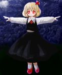  1girl absurdres blonde_hair dress_shirt full_body hair_ribbon highres kabi_killer outstretched_arms red_eyes ribbon rumia shirt short_hair skirt smile spread_arms touhou vest 
