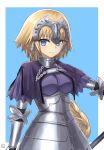  1girl armor armored_dress artist_name bangs blue_background blue_eyes braid breasts capelet chains closed_mouth fate/apocrypha fate_(series) gauntlets headpiece highres long_hair looking_at_viewer medium_breasts nayuhi_(yukimuu14) ruler_(fate/apocrypha) signature simple_background single_braid smile solo upper_body very_long_hair white_border 