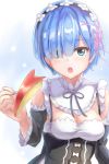  1girl apple bangs blue_eyes blue_hair breasts collar detached_colar detached_sleeves food frilled_collar frilled_sleeves frills fruit hair_ornament hair_over_one_eye hair_ribbon highres holding holding_food holding_fruit incoming_food looking_at_viewer maeshimashi maid maid_headdress open_mouth pink_ribbon re:zero_kara_hajimeru_isekai_seikatsu rem_(re:zero) ribbon short_hair small_breasts solo teeth upper_body x_hair_ornament 